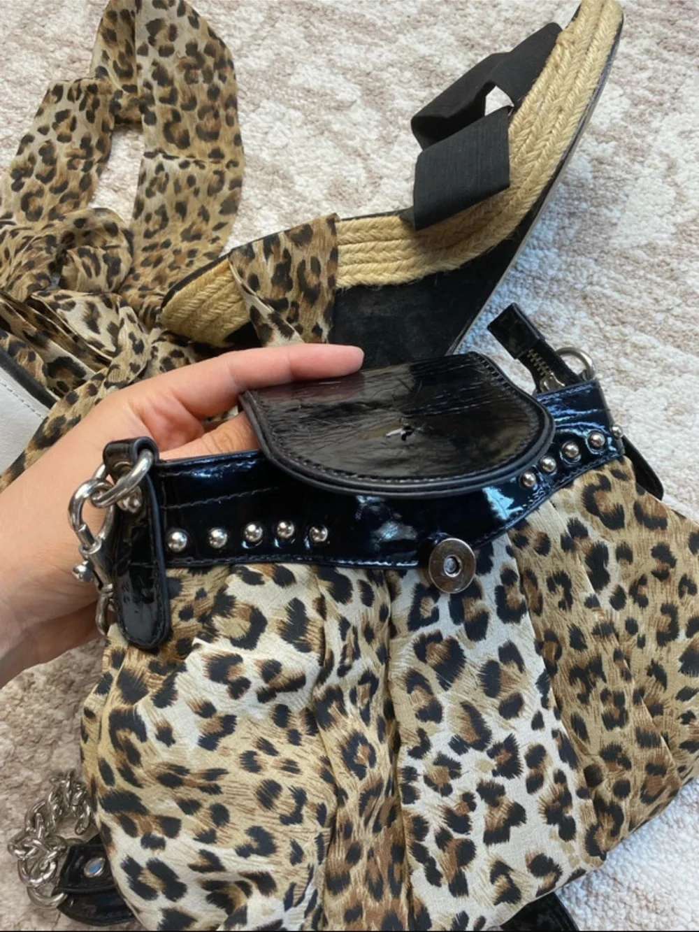 Y2K Black Espadrille Wedge Sandals with Leopard Tie-Ankle Straps & match purse